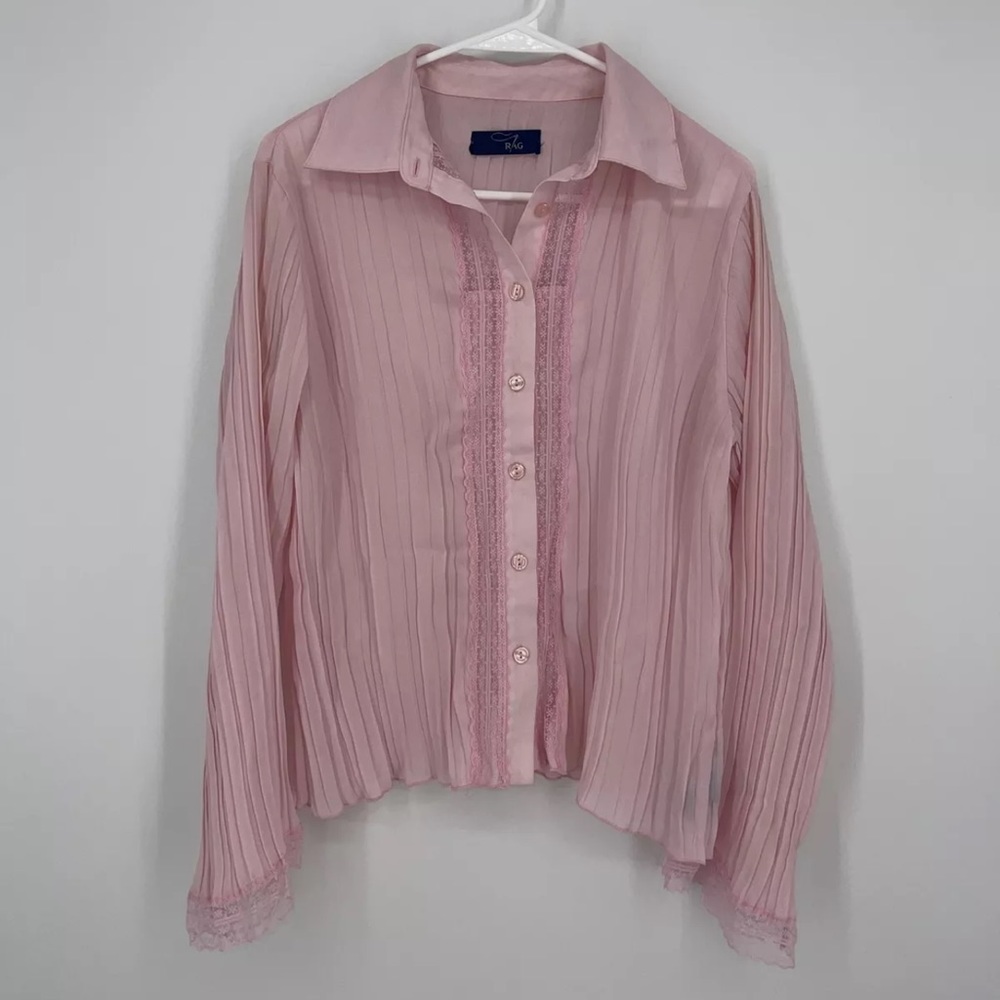 RAG Pink Lace Accordion Shirt Blouse Women’s Sz M